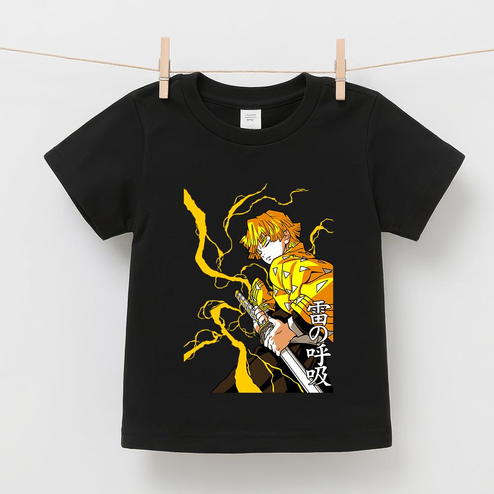 Demon Slayer Zenitsu Anime Print Cotton T Shirt for Children Boys Girls Summer Short Sleeve Casual Daily Wear Tops
