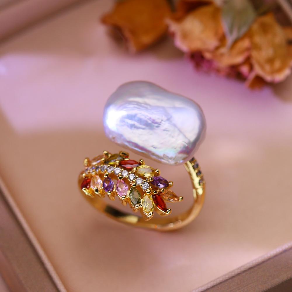 Кольца с натуральным пресноводным жемчугом для женщин, модное женское кольцо с кубическим цирконием и CZ, ювелирные изделия с жемчугом, регулируемое кольцо