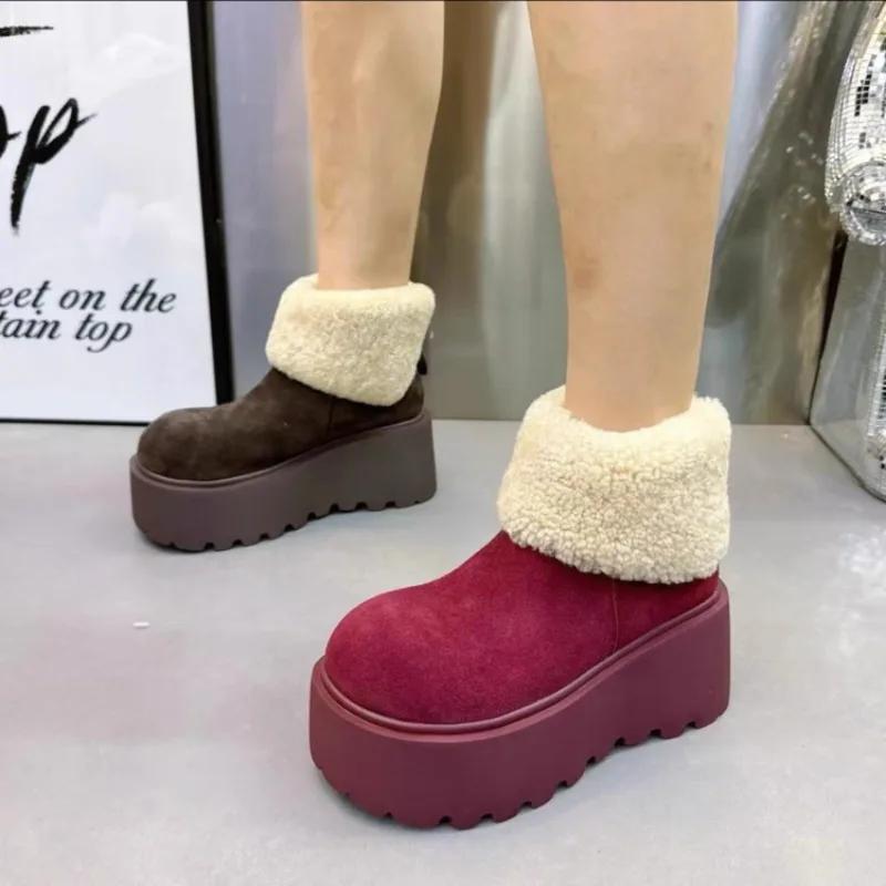 2024 Fashion Suede Ankle Warm Snow Boots Flat Heel Winter High Quality Women's Shoes Round Toe Medium Heel Simple Women's Boots