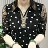 Женская Весенняя и Осенняя Одежда Ведущая Футболка с Длинным Рукавом Рубашка Поло Прикрывающая Фигуру и Горячее Тиснение Алмазами Верхняя Одежда Топ