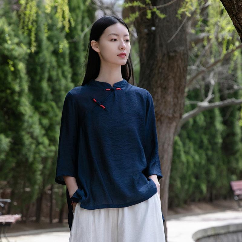 Johnature Женские рубашки в китайском стиле, топы, стойка, длинный рукав, на пуговицах, летние, однотонные блузки, свободные рубашки