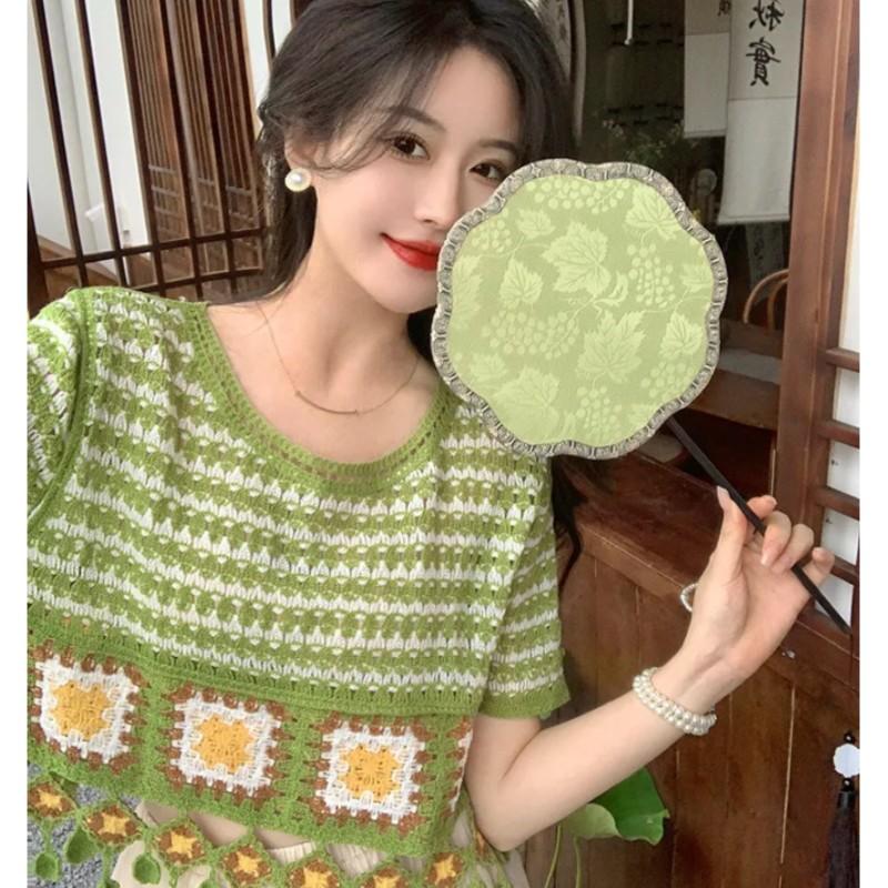 Женская короткая футболка в этническом стиле Color Collision, ретро-кисточки, деревенский стиль, ажурные трикотажные топы