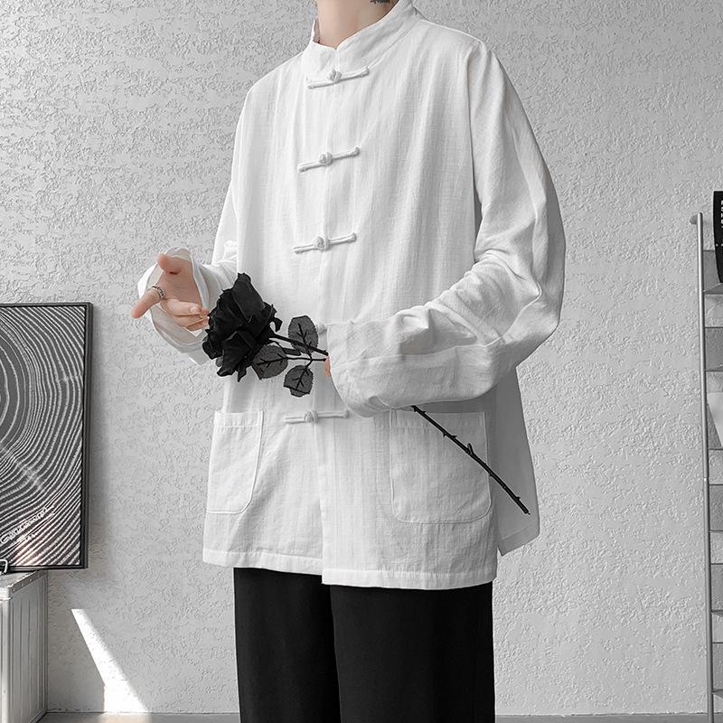 Мужская льняная рубашка с длинным рукавом в китайском стиле с пуговицами, пиджак в стиле ханьфу-тан, большой размер