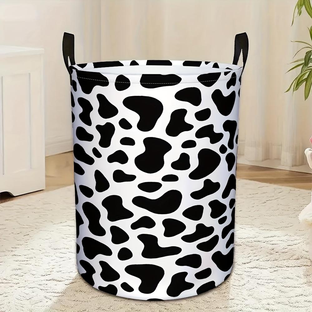 1pc Cow Print Collapsible Laundry Basket with Sturdy Cow Spot Pattern - Black & White Farmhouse Storage Bin, Durable Round Hamper with Sturdy Black Fr