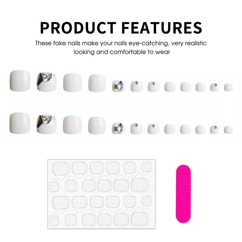 White Square Fake Toenails with Rhinestone Sweet & Charming Reusable False Nails for Stage Performance Wear