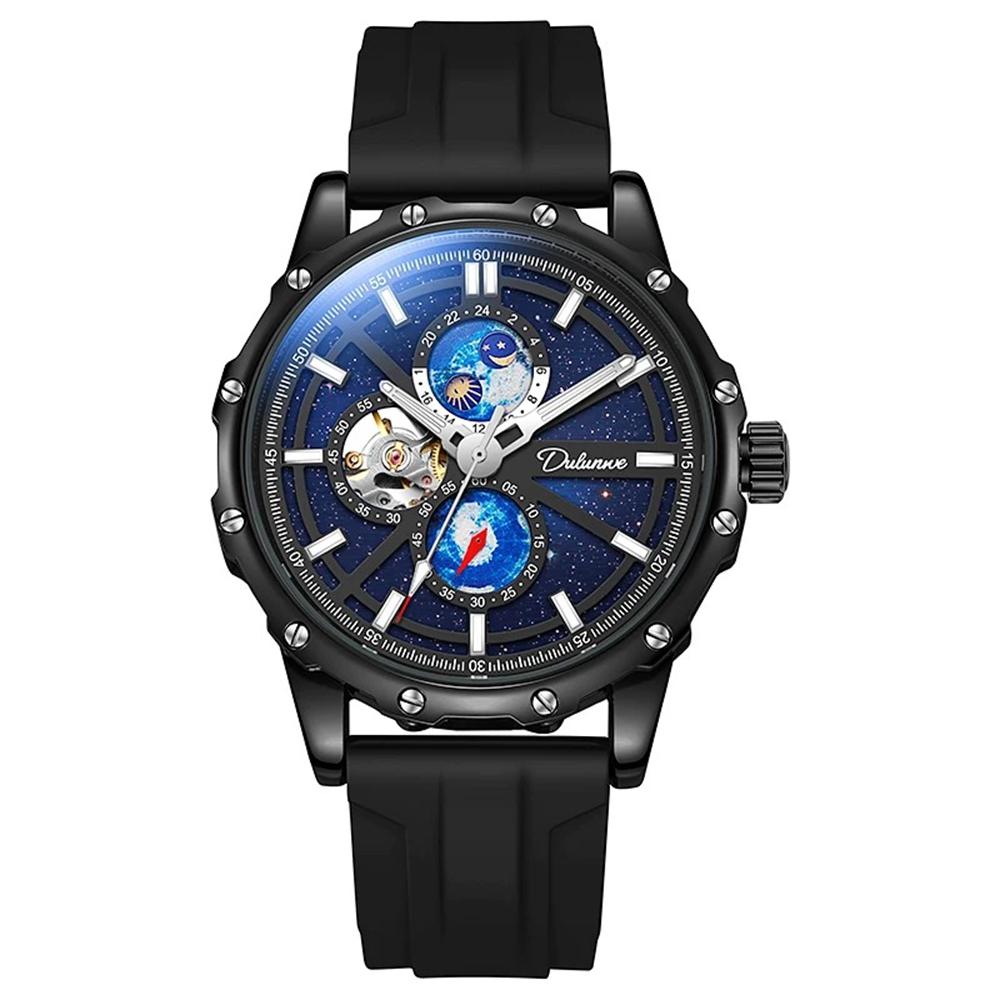 Dulunwe Мужские автоматические механические полые механические часы звездное небо наручные часы водонепроницаемые деловые наручные часы