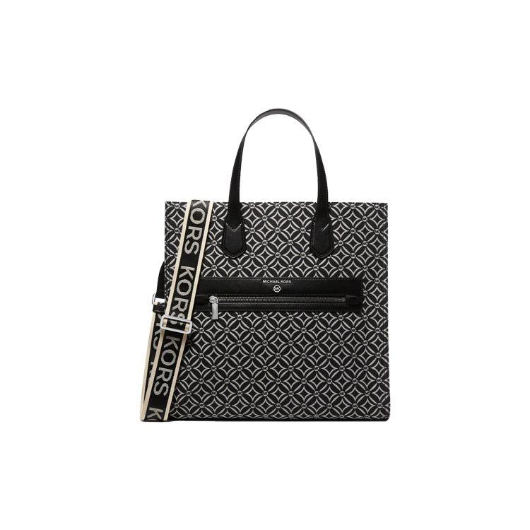Michael Kors MK Kempner Классическая Винтажная Печать Широкий Ремень Застежка-Замок Тканевая Сумка-Тоут Женская Тоут Черно-Белая 30F2S4KT3J-064