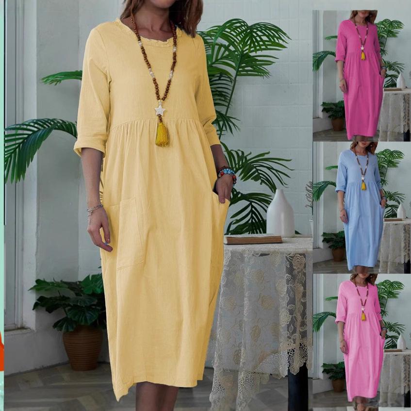 Women's Midi Dress Women's Solid Color Sleeve Round Neck Dress