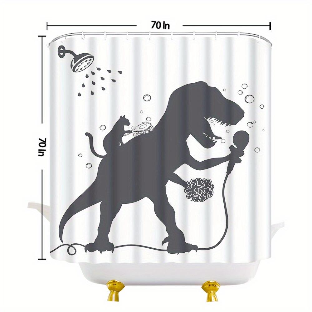 Funny Dinosaur and Cat Karaoke Shower Curtain 180x180cm Waterproof Bathroom Decor with 12 Hooks