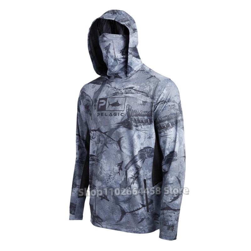 Mens Quick-Dry Hooded Fishing Shirt With Face Cover UV Protection Long Sleeve Outdoor Angling Apparel