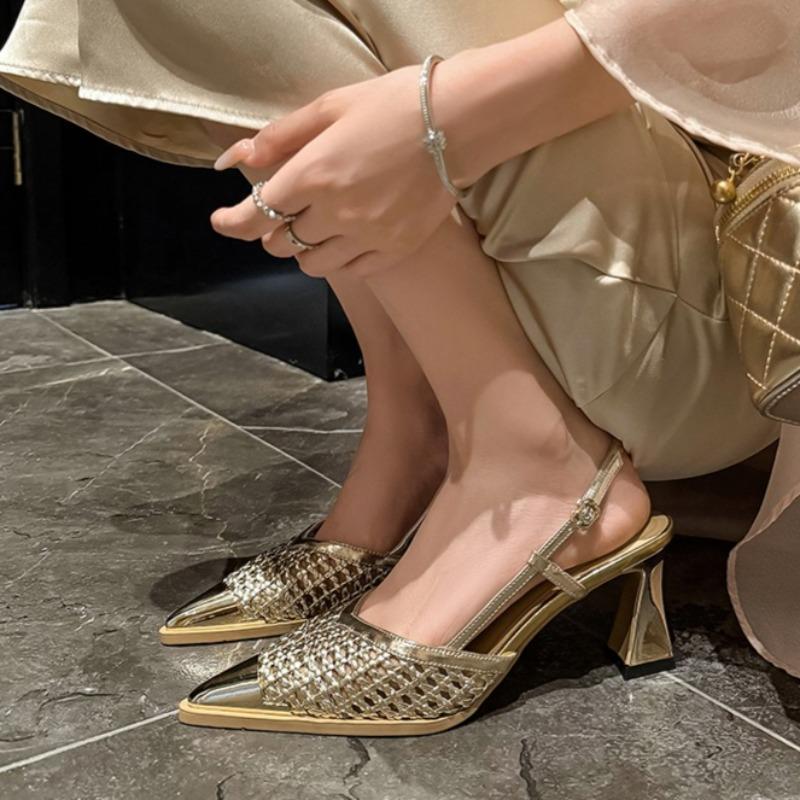 Fashion Hollow Cutout French Sexy Kitten Heel Breathable Sandals Metal Pointed Toe Shallow Mouth Woven One-Slip Strap High Heels