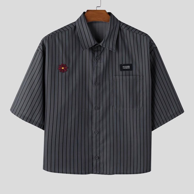 INCERUN Большие летние мужские повседневные рубашки с отворотом и коротким рукавом с вышивкой и цветочным принтом в полоску