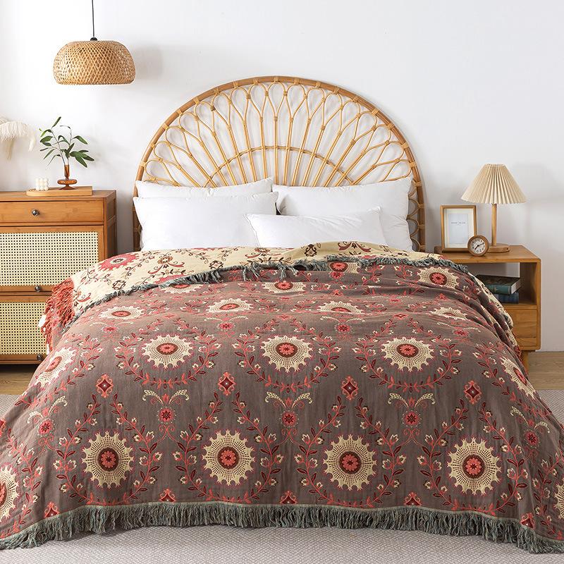 Зелено-коричневый плед, кисточка с двойным цветком, плед для дивана, двусторонний плед, чистый хлопок