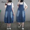 Женский джинсовый мешковатый сарафан больших размеров в корейском стиле, подтяжки, повседневное свободное платье на бретелях, винтажное платье без рукавов из стираного хлопка больших размеров