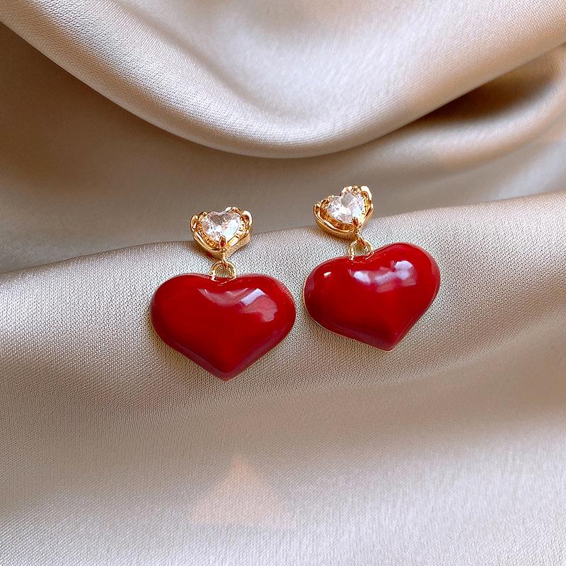 Ankara Red Stud Earrings: Silver Needle Drip Oil, Simple and Versatile Fashion for Women.