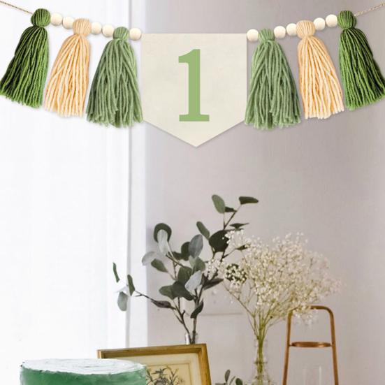 1st Birthday High Chair Banner Decoration Green Tassel Themed Birthday Party Decoration Girl Baby Shower Wall Hanging Banner