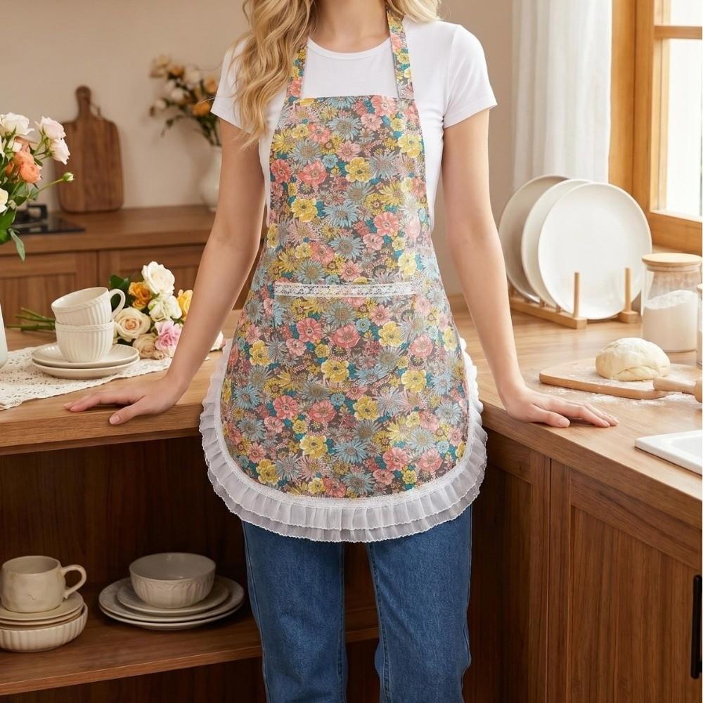 Wear Resistant Neck Hanging Apron Floral Lace Cooking Apron Portable Canvas Apron Women