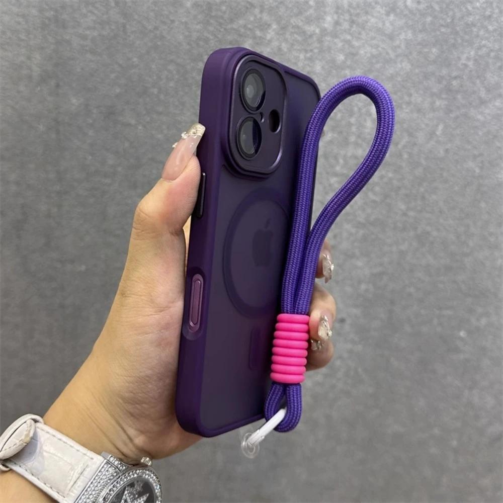 Для Magsafe Полупрозрачный Контрастный Чехол со Шнурком для iPhone 17 Pro 16 15 Pro Max 14 11 12 13 Ремешок на Руку Матовый Прозрачный Чехол
