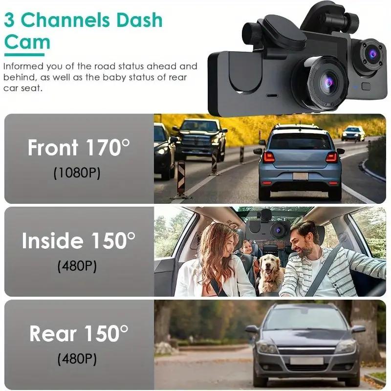 New 1080P HD Night Vision Car Driving Recorder 3-Channel Camera Video Recorder DVR Black Box Dual Lens with Rearview Camera HD Reversing Image