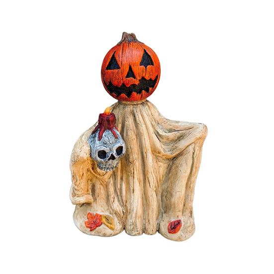 Хэллоуин Статуэтка Тыквы Жуткий Призрак Тыква Держащая Череп Фигурка Смола Готическая Декорация для Дома Внутри Снаружи Настольная Садовая Декорация
