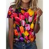 Lily Flower Bud Print T-shirt, Casual Crew Neck Short Sleeve Top For Spring & Summer, Women's Clothing