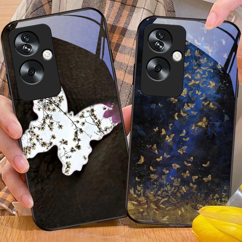 Градиентная бабочка для Oppo A79 5G 58 78 74 60 4G Reno 11F Realme GT 6 11 Note 50 10 C55 X2 Закаленное стекло Черный чехол для телефона