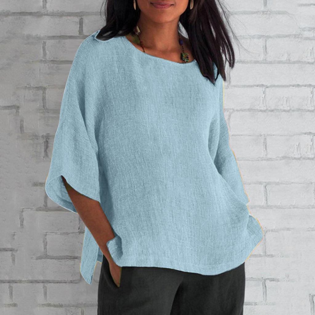 Women's Fashion Half Sleeve Round Neck Solid Colour Loose Casual Shirt Top