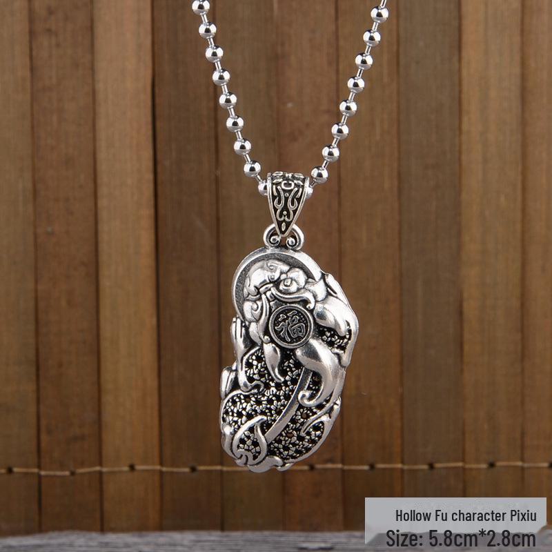 Retro Silver Peace Lock Pendant Necklace - Four-sided Wealth Women's Long Sweater Chain In National Style