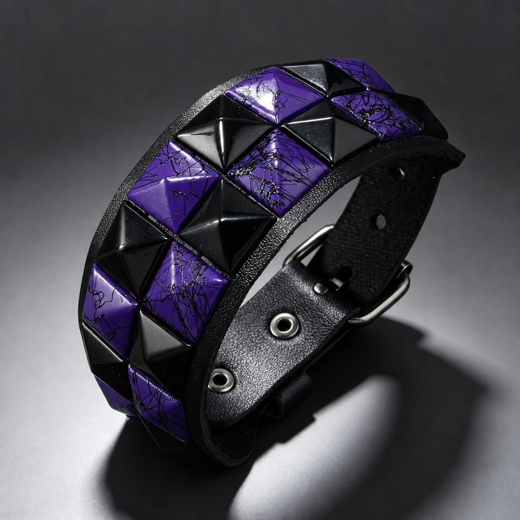 In Stock: Adjustable Black Double Row Square Studs Leather Bracelet - Trendy Punk Style, Multi-color Options for Men & Women