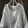 Johnature Women Vintage Hooded Shirts Striped Long Sleeve Patchwork Pockets Autumn Casual Female Blouses
