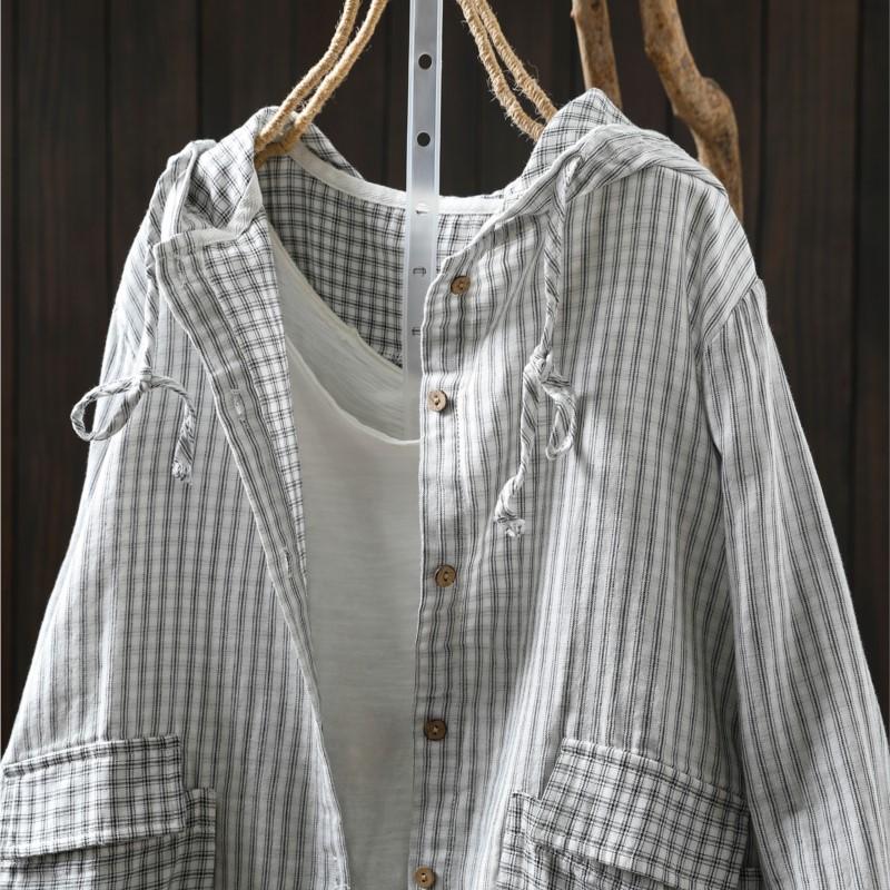 Johnature Women Vintage Hooded Shirts Striped Long Sleeve Patchwork Pockets Autumn Casual Female Blouses