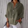 Spring Autumn Women Shirt Cotton Linen Blouse Solid Lapel Button Up Back Lace Up Design Shirts