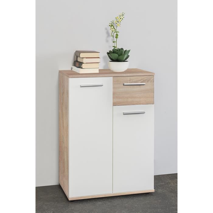 JACKY Meuble de rangement Petit Buffet - Blanc mat et décor chêne Sonoma - Classique - L 60 cm