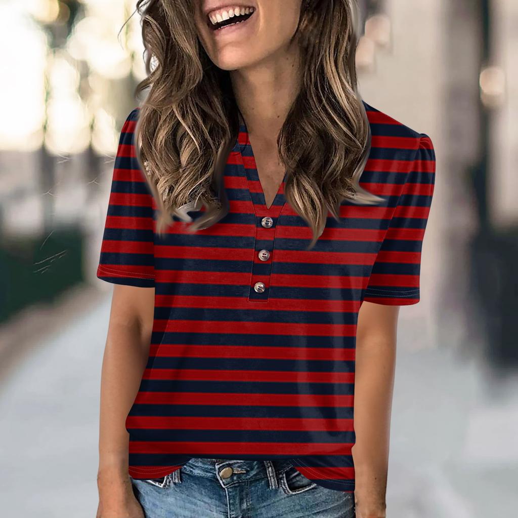 Женская модная повседневная футболка с полосатым принтом и V-образным вырезом, коротким рукавом, на пуговицах