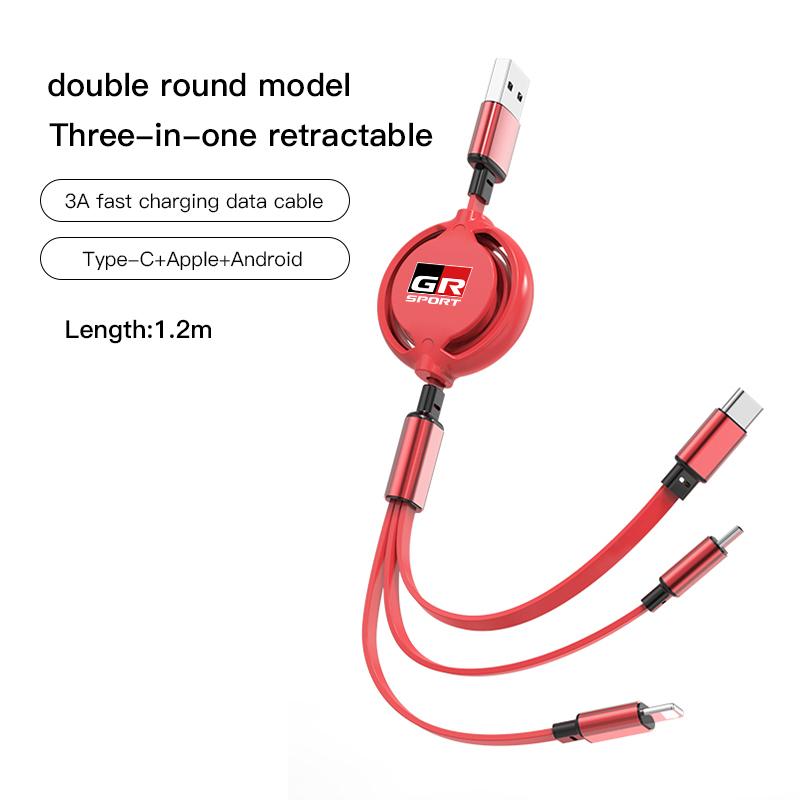 3 In 1 Retractable Mobile Phone Fast Charging Cable For  Toyota Corolla Camry Asian Dragon Supra Hilux Land Cruiser GR SPORT TRD