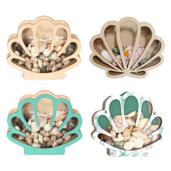 Wooden Shell Display Case Handcrafted Rustic Sea Shell Shadow Box Seashell Shaped Storage Display Box Home Office Desktop Decoration