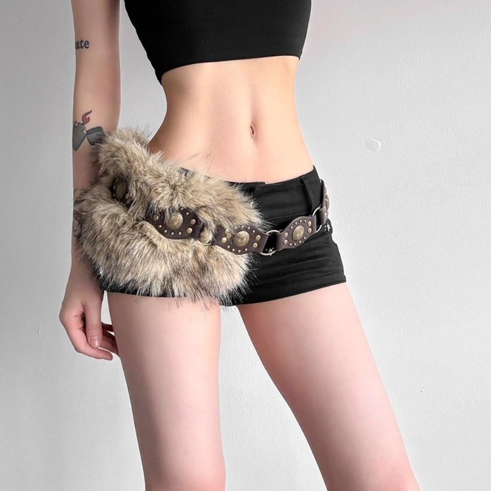 Studded Design Waist Chain Faux Fur Fur Waistband Fashion PU Leather Fur Belt Women's Accessories