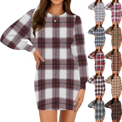 Женское модное повседневное платье с круглым вырезом и длинными рукавами