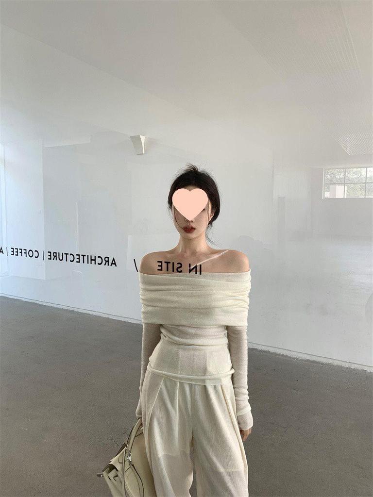 Женский облегающий трикотажный топ с открытыми плечами во французском стиле: Плиссированный дизайн Весна/Осень