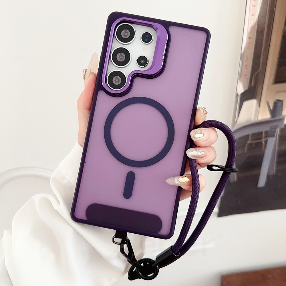 Wrist Strap Lanyard Lens Stand Holder Matte Magnetic Case For Samsung S24 FE S25 Ultra S23 Plus Shockproof Hard Bumper Cover