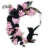 Decorative Resin Cat Statue Halloween Black Half Moon Wreath, Artificial Roses Berries Crescent Grapevine Autumnal Floral Door Hanger Spooky