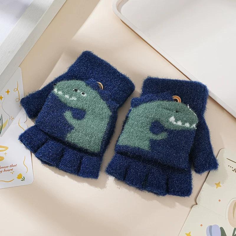 Children's Gloves with Half-Finger Flip Cover, Winter Cute Thickened Warm Five-Finger Gloves for Boys and Girls, Suitable for Elementary School