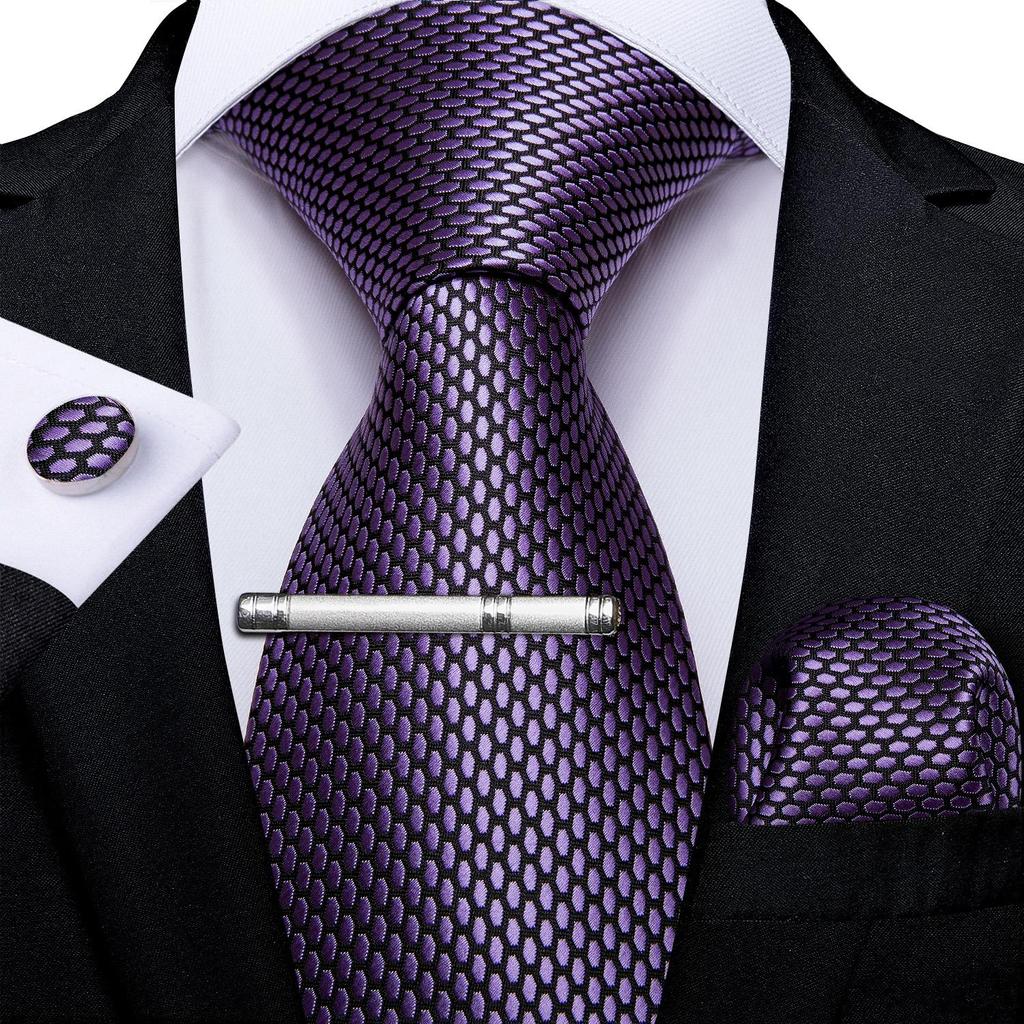 Mens Purple Necktie with Tie Clip Business Paisley Silk Tie Hanky Cufflink Set for Party Dibangu