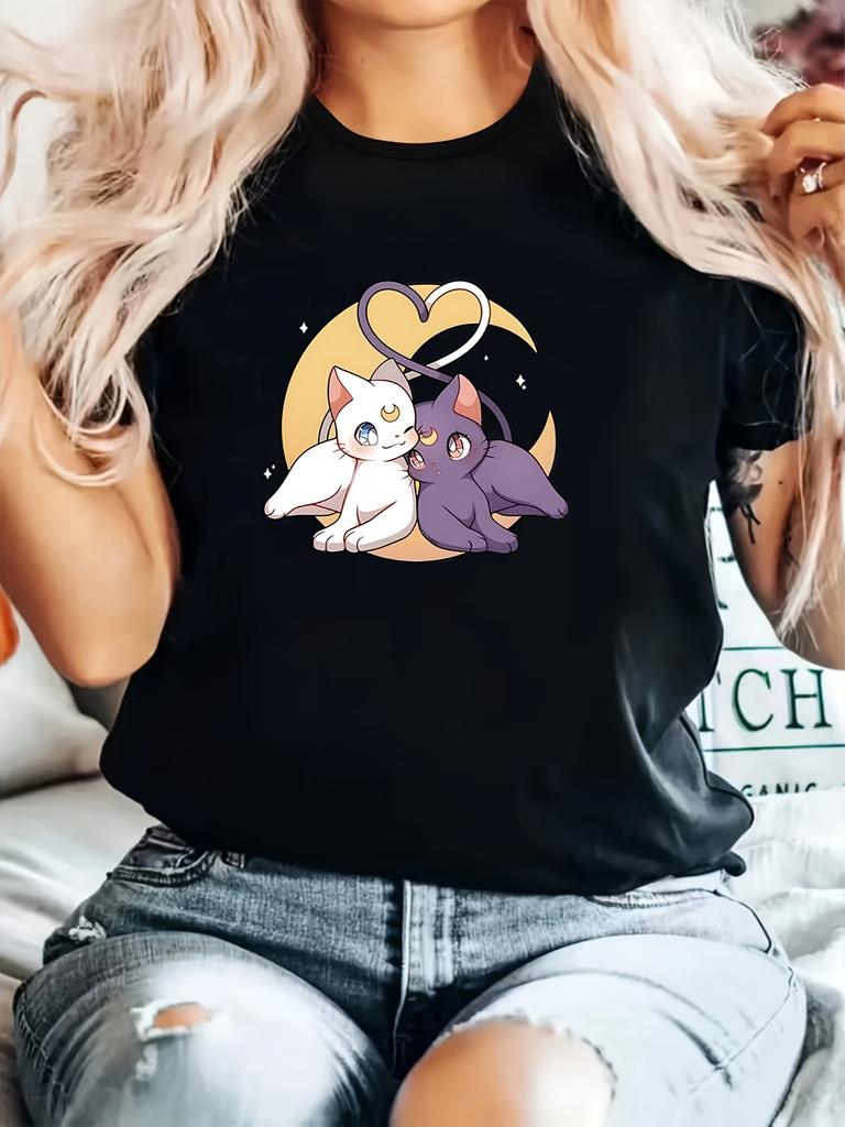 Women's Elegant Trendy T-Shirt with White & Purple Cat Duo Moon & Heart Print - Soft Polyester Blend Crew Neck Machine Washable