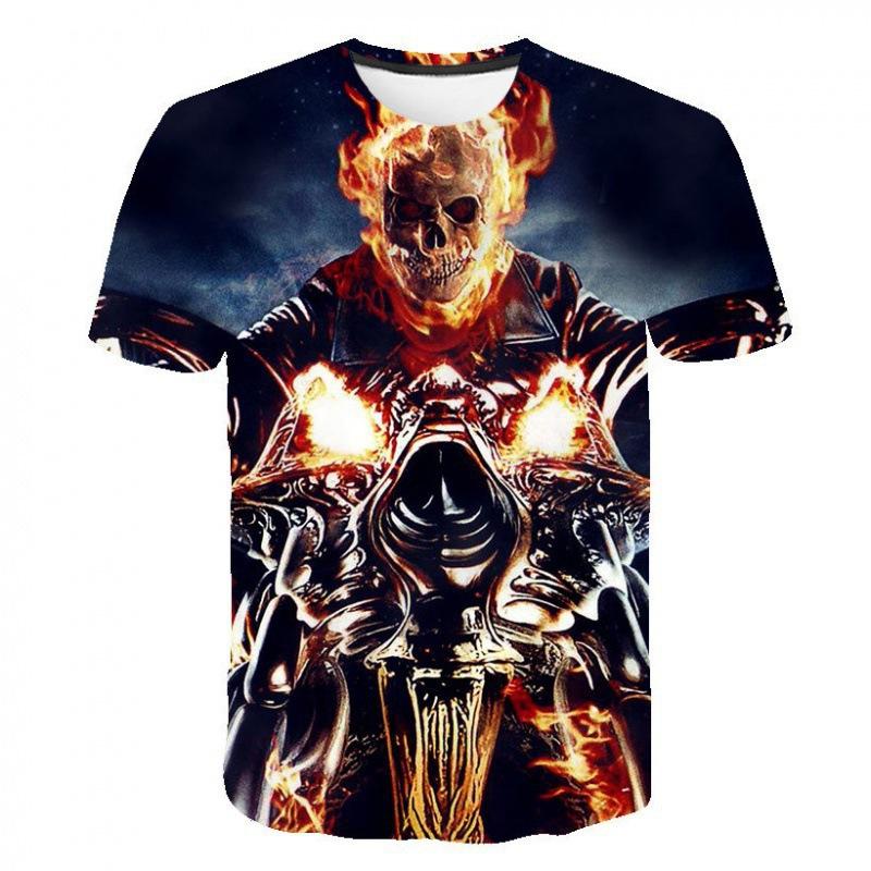 Evil Knight Skull Printed Short Sleeved T-shirt with Flame Pattern Skull Personalized Clothes for Men
