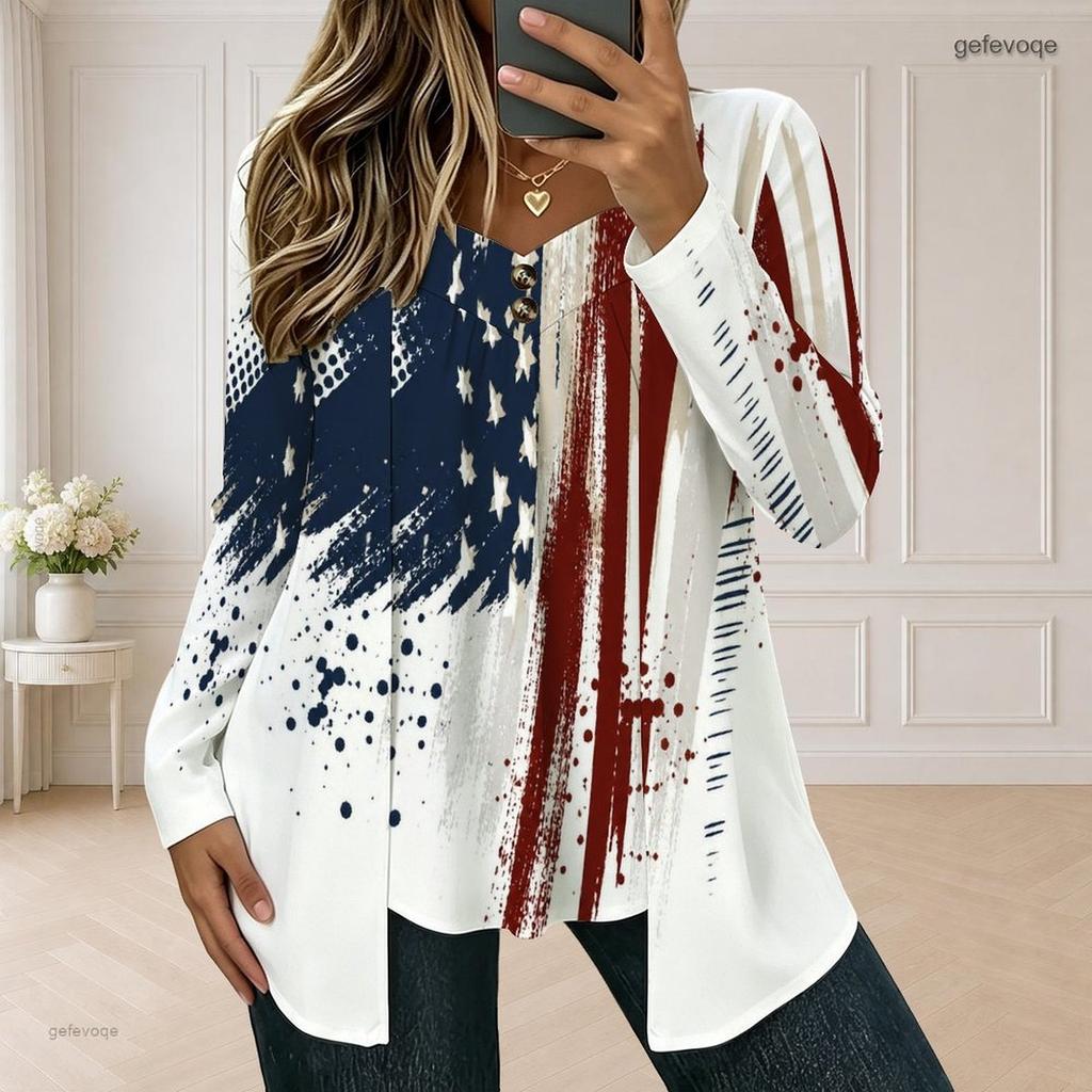 Women Plus Size Square Neck Long Sleeve American Flag Print Button Detail Layered Front T Shirt