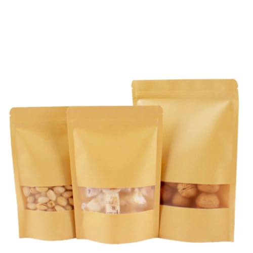 Itisyou Airtight Food Storage Bags, Zip-Up Bags, Freestanding Bags for Snacks, Kraft Paper Bags with Window, Kraft Paper Bags, 9 x 14cm, Pack of 100