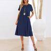 Women Dress Round Neck Short Sleeve Knee-Length Solid Color Dress with Pockets Loose Fit Summer Dress
