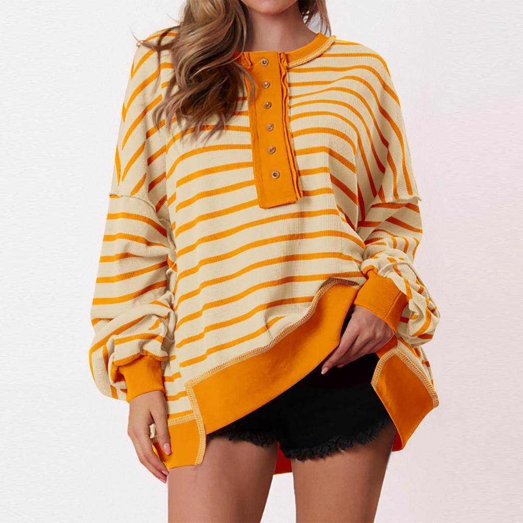 Women's Fashion Striped Round Neck Long Sleeve Button Top Color Blocked Pullover Sweatshirt Top