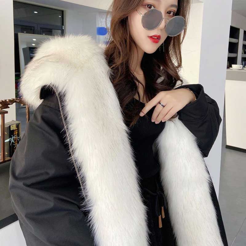 Removable Fox Fur Lining Mid-length Fur Coat Female Thick Warm Knee-high Fur Coats Autumn and Winter Hooded Parka with Waist Drawstring